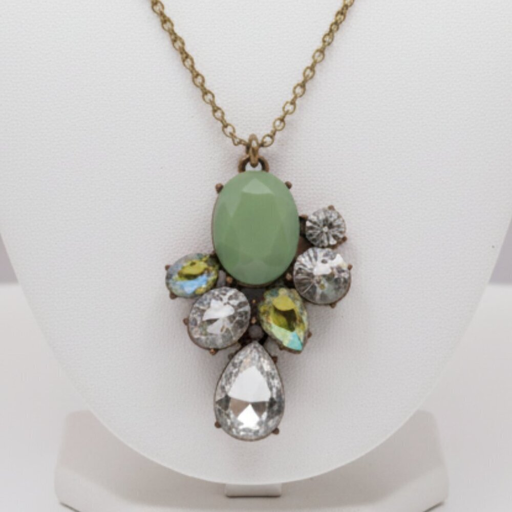 J. Crew Green and Silver Necklace with Aurora Borealis Crystal Accents
